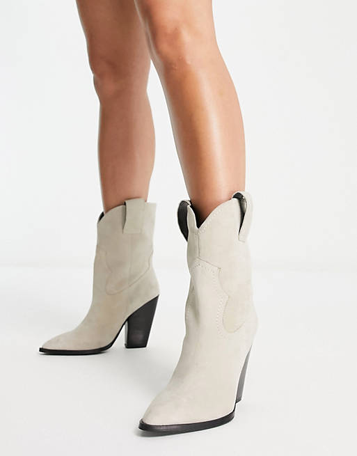 Asos Women Shoes Boots Heeled Boots Ranch suede mid-calf heeled western boots in off white 