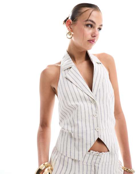 ASOS DESIGN – Randig kostymväst i linnetyg med halterneck - view 1