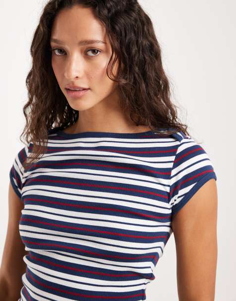 ASOS DESIGN – Randig, krympt t-shirt med båtringning och korta ärmar - view 1