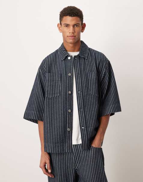 ASOS DESIGN – Randig, otvättad jeansskjorta med korta ärmar, del av set - view 1