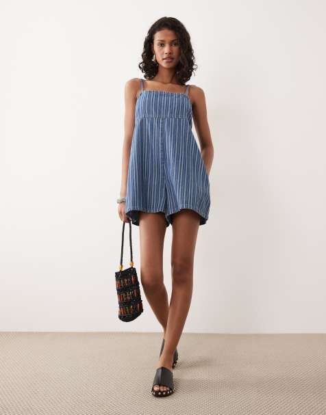 ASOS DESIGN – Randig playsuit i mjuk denim med smala axelband - view 1