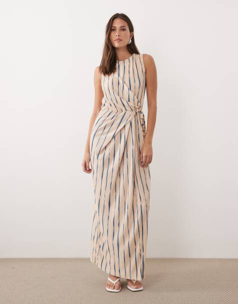 ASOS DESIGN – Randig, plisserad, ärmlös midiklänning med knytning i midjan - view 1