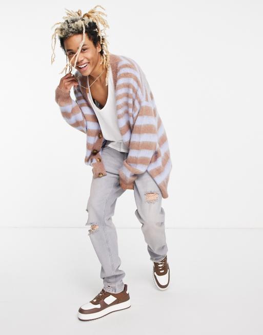 ASOS DESIGN – Randig, stickad, lång kofta av fluffigt garn
