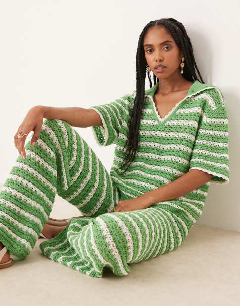 ASOS DESIGN – Randig, stickad pikétröja med korta ärmar, del av set - view 1