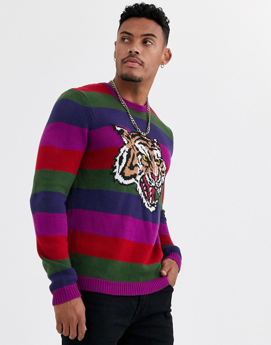ASOS DESIGN – Randig, stickad tröja med tugertryck-Flerfärgad