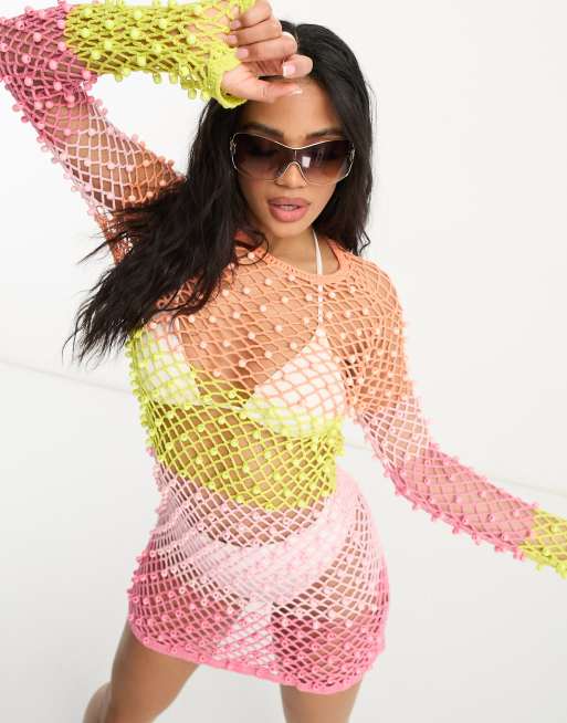 ASOS DESIGN – Randig, virkad miniklänning med pärlor