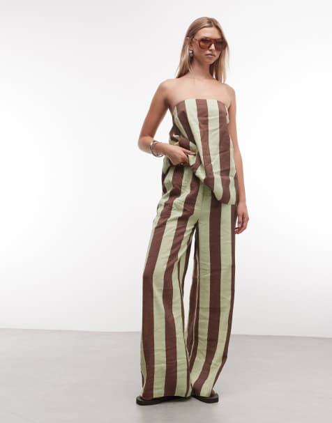 ASOS DESIGN – Randiga byxor i dra på-modell med vida ben och slits, del av set - view 1
