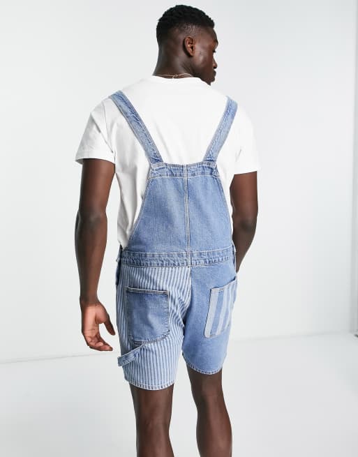 ASOS DESIGN – Randiga korta hängselbyxor i denim med lapptäckssydd design , 2 av 4