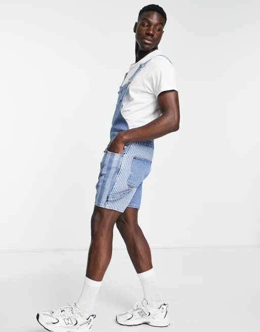 ASOS DESIGN – Randiga korta hängselbyxor i denim med lapptäckssydd design , 4 av 4