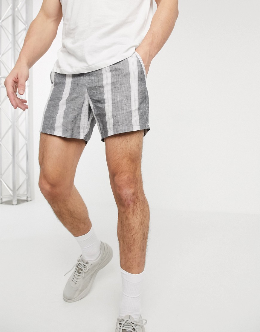 ASOS DESIGN – Randiga korta shorts av linne i smal passform-Grå