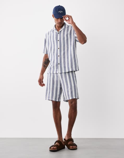 ASOS DESIGN – Randiga, medellånga shorts i linnemix med bred passform, del av set - view 1