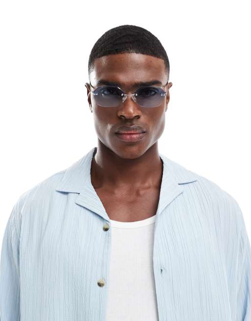 ASOS DESIGN – Randlose Sonnenbrille in Silber mit blauen Gläsern