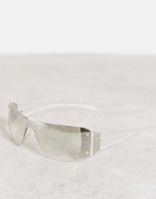 ASOS DESIGN - Randloze zonnebril in jaren 90-stijl in zilver met doorzichtige glazen