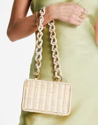 Asos Design Rattan Box Clutch Bag With Detachable Resin Handle In Neutral