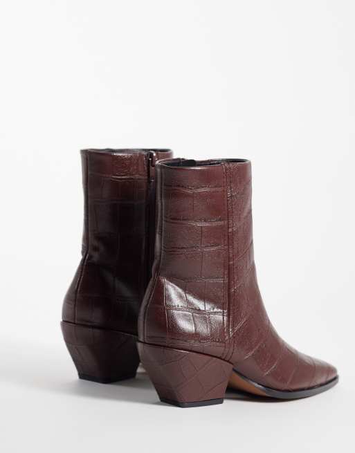 ASOS DESIGN Raul heeled western ankle boots in brown croc, 4 of 4