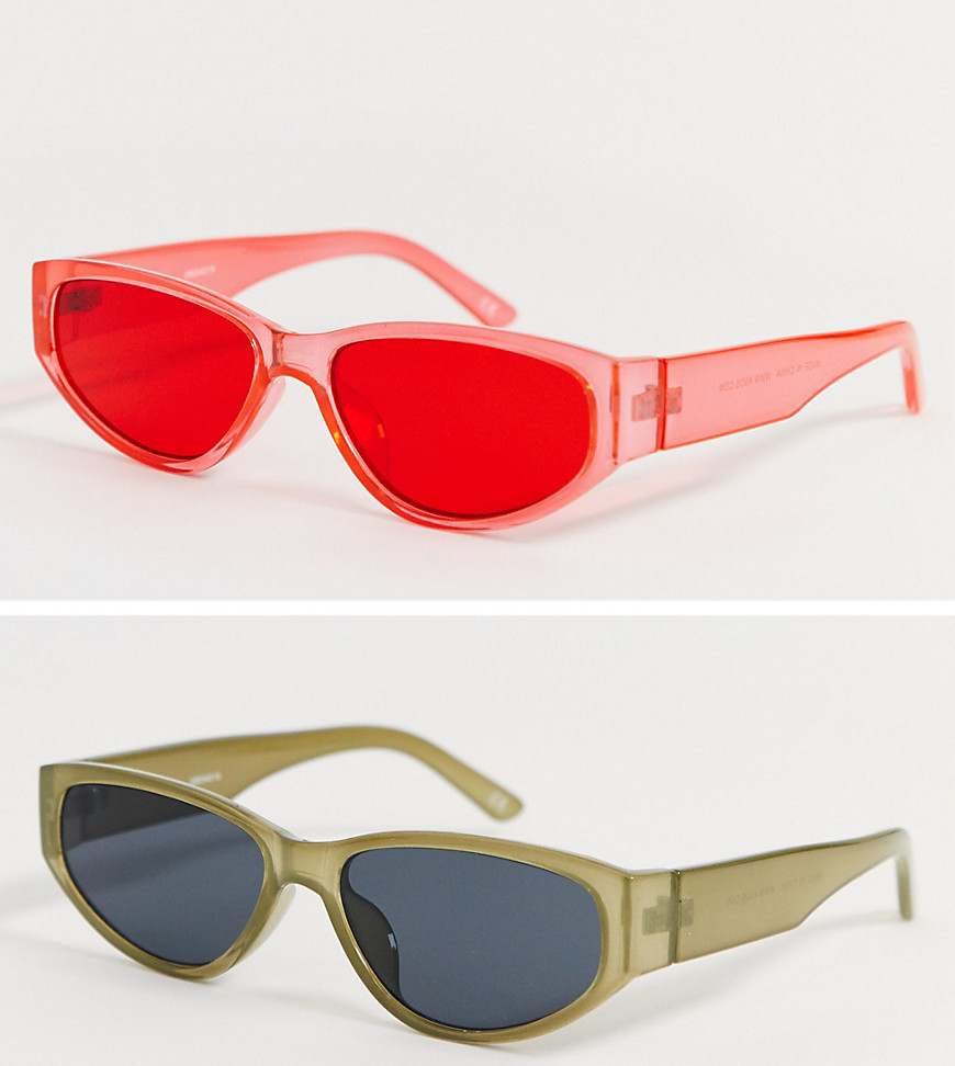 ASOS DESIGN - Rave - Confezione da 2 paia di occhiali da sole ovali in cristallo kaki e rosso con lenti sfumate-Multicolore