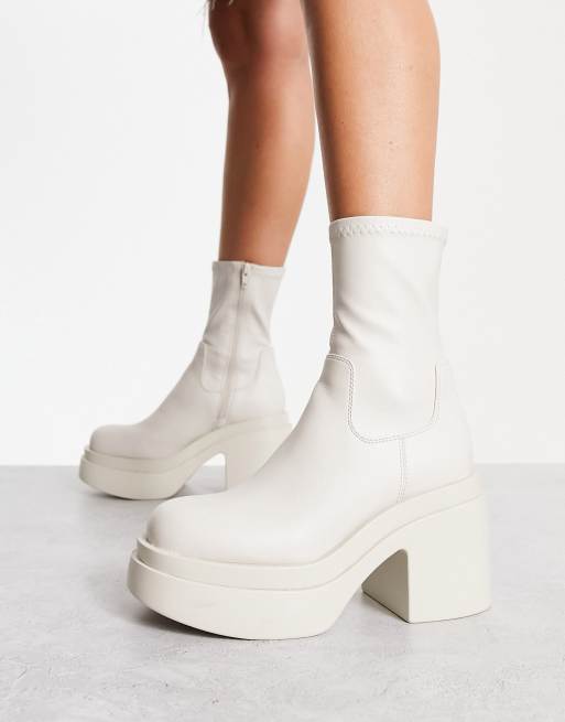 White Chunky Block Heel Sock Boot, Shoes