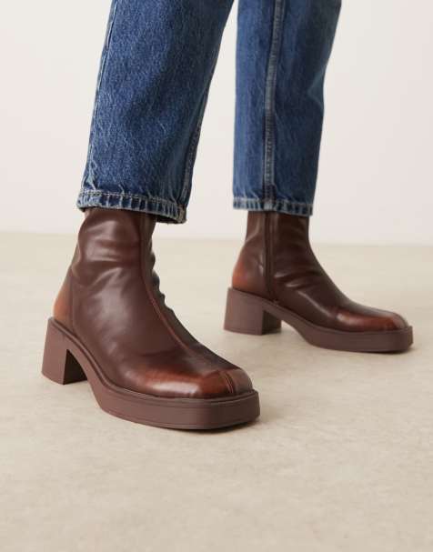 ASOS DESIGN Raven smart mid-heel boots in brown burnish - view 1