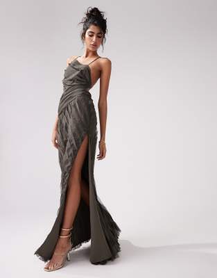 Asos Design Raw Edge Asymmetric Cut Out Maxi Dress In Charcoal Gray