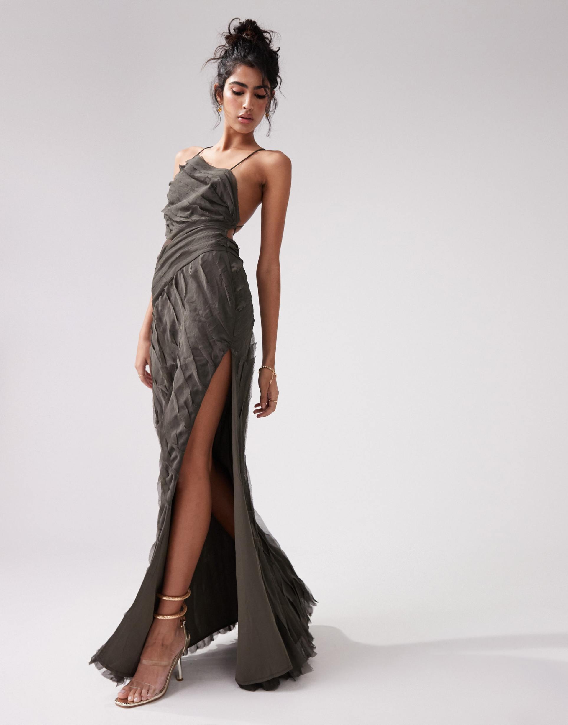 asos design raw edge asymmetric cut out maxi dress in charcoal gray