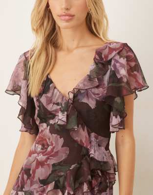 Asos Design Raw Edge Asymmetric Ruffle Maxi Dress With High Low Hem In Multi