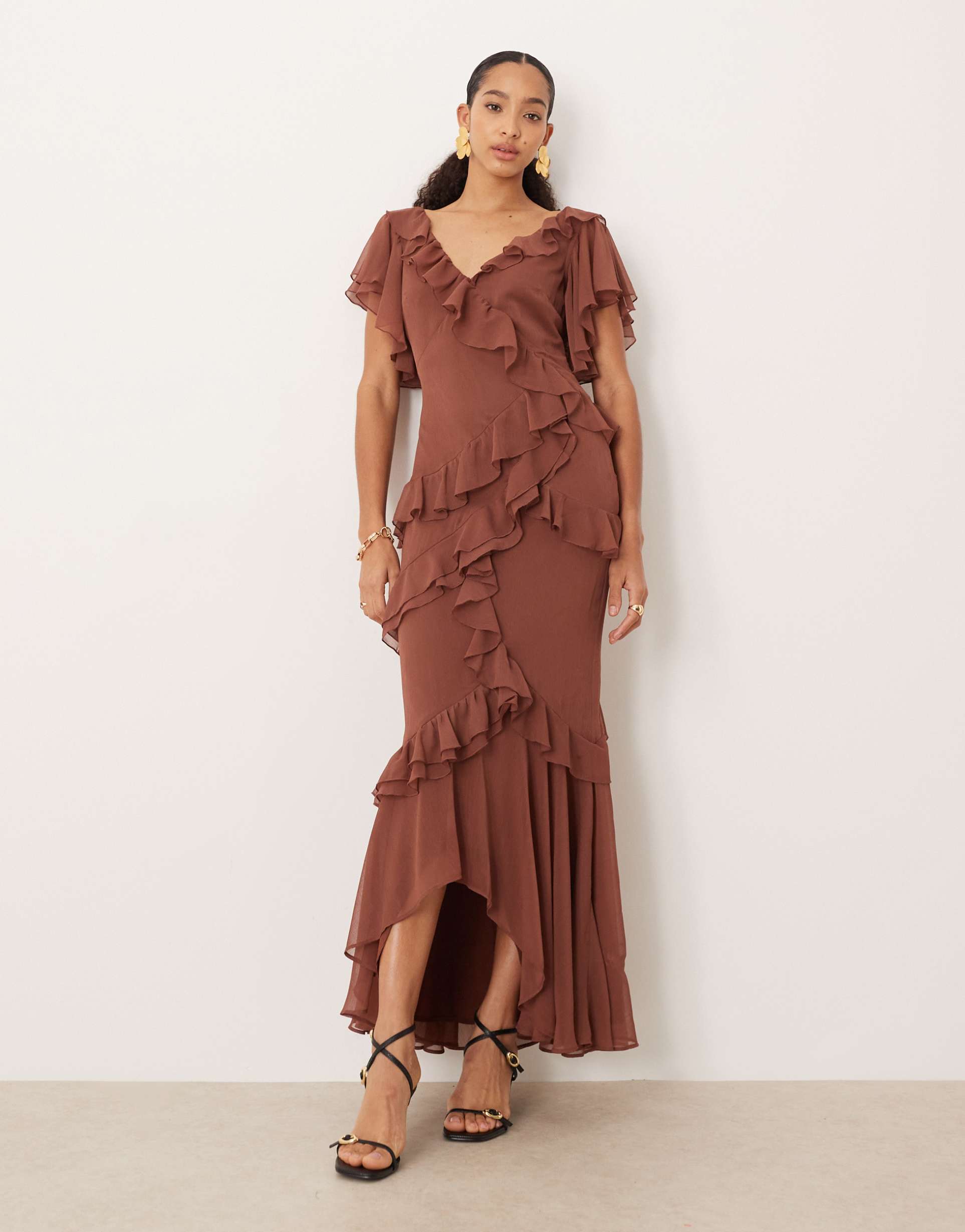 asos design raw edge asymmetric ruffle maxi dress with high low hem in light brown