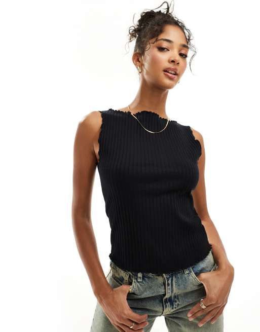 ASOS DESIGN raw edge asymmetric slash neck tank in black