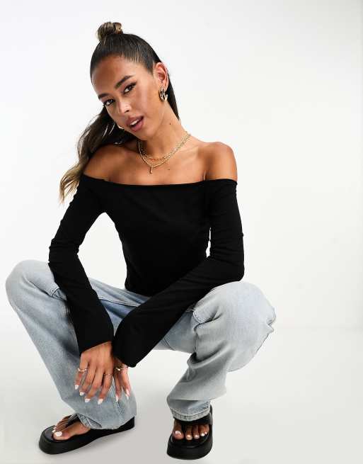 ASOS DESIGN raw edge bardot long sleeve top in black
