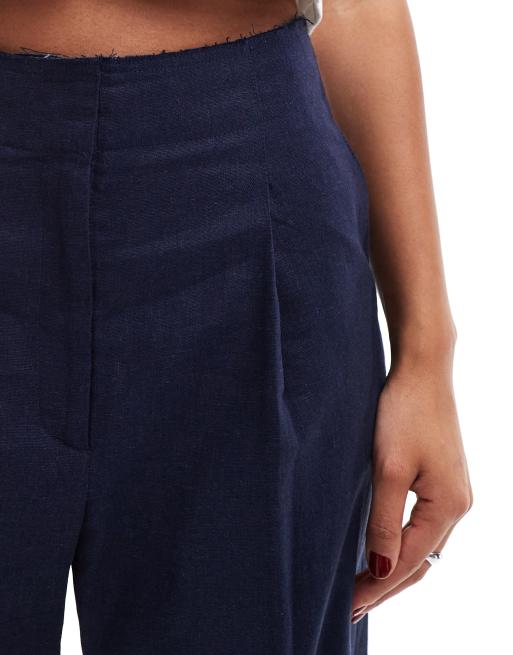 ASOS DESIGN raw edge barrel leg tailored pants with linen in navy, 2 of 5