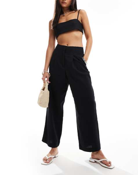 ASOS DESIGN raw edge barrel leg tailored trouser with linen in black - view 1