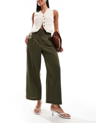 ASOS DESIGN raw edge barrel leg tailored trouser with linen in khaki-Green