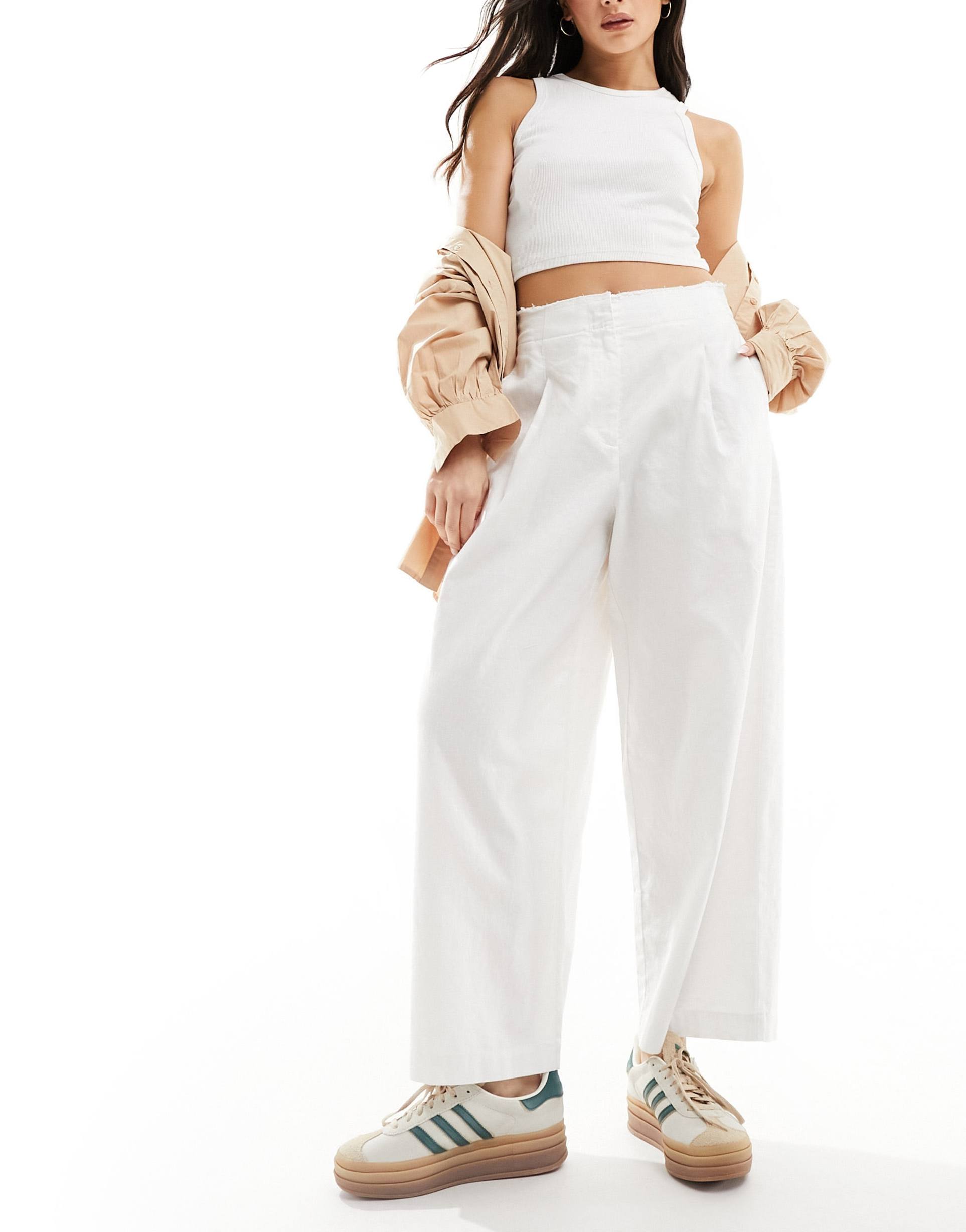asos design raw edge barrel pants with linen in white