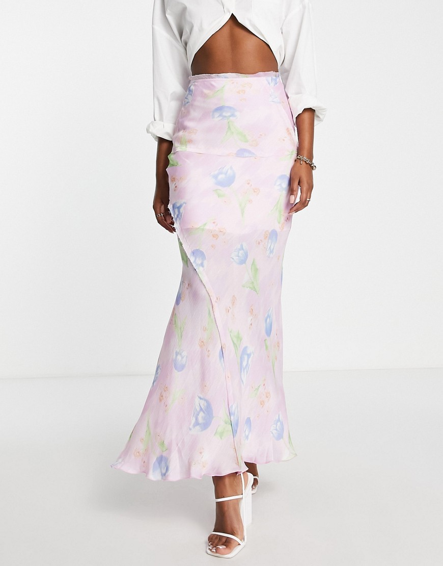 ASOS DESIGN raw edge bias maxi skirt in blurred floral-Multi