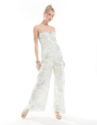 Asos Design Raw Edge Corset Paneled Jumpsuit With Cut Out In Blurred Animal Print-multi