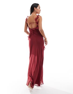 ASOS DESIGN raw edge frill maxi dress with tie back in burgundy 