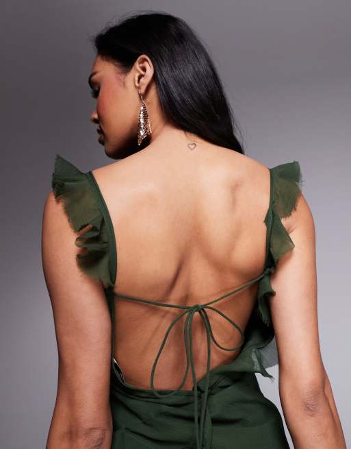 ASOS DESIGN raw edge frill mini dress with tie back in deep olive 