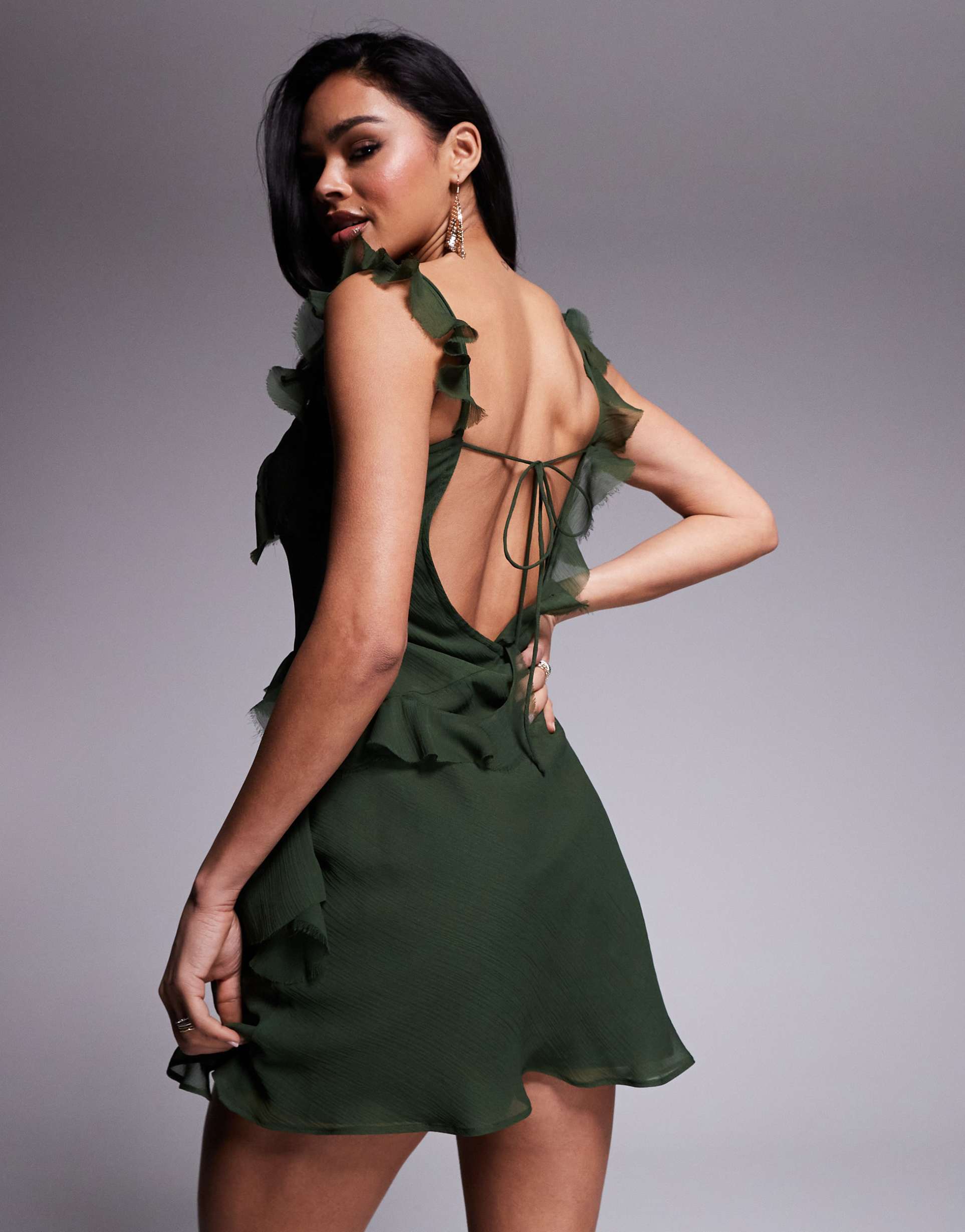 asos design raw edge frill mini dress with tie back in deep olive
