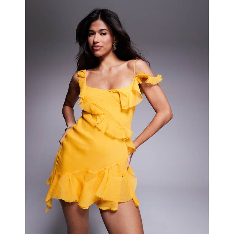 ASOS DESIGN raw edge frill mini dress with tie back in