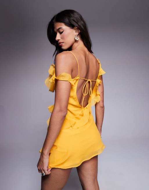 ASOS DESIGN raw edge frill mini dress with tie back in