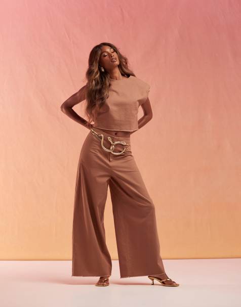ASOS DESIGN raw edge linen co-ord in mocha - view 1
