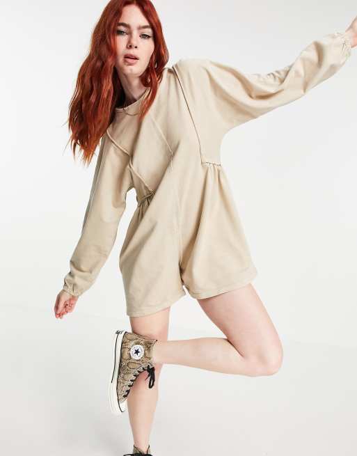 ASOS DESIGN raw edge oversized sweater playsuit in mushroom | ASOS