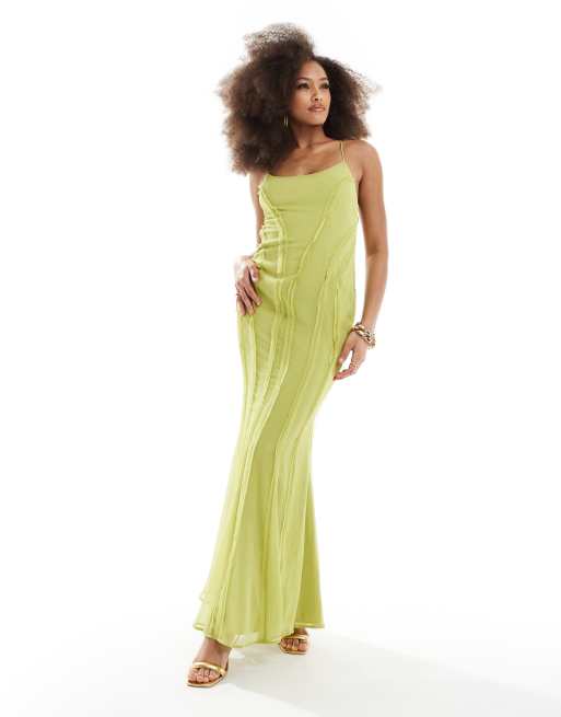 ASOS DESIGN raw edge paneled cami maxi dress in olive green