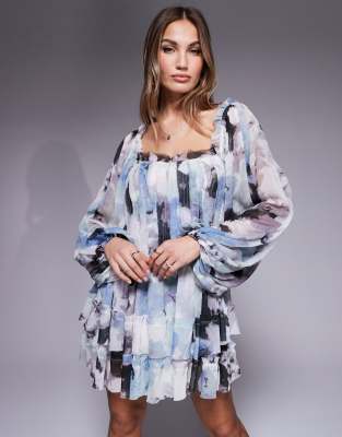 ASOS DESIGN raw edge paneled mini dress with blouson sleeves in abstract print-Multi