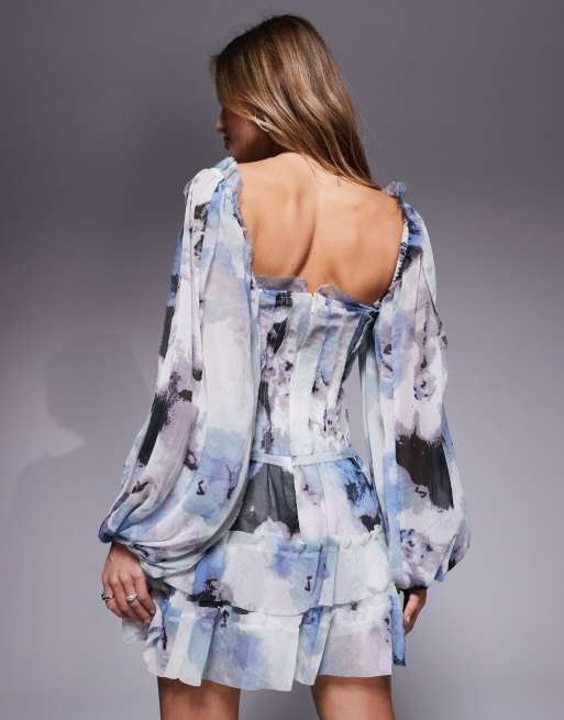 ASOS DESIGN raw edge panelled mini dress with blouson sleeves in abstract print