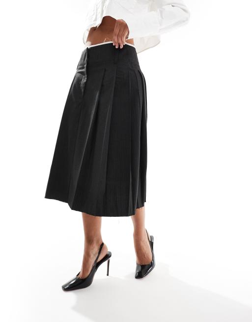 ASOS DESIGN raw edge pleated tailored midi skirt in charcoal stripe