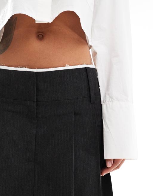 ASOS DESIGN raw edge pleated tailored midi skirt in charcoal stripe