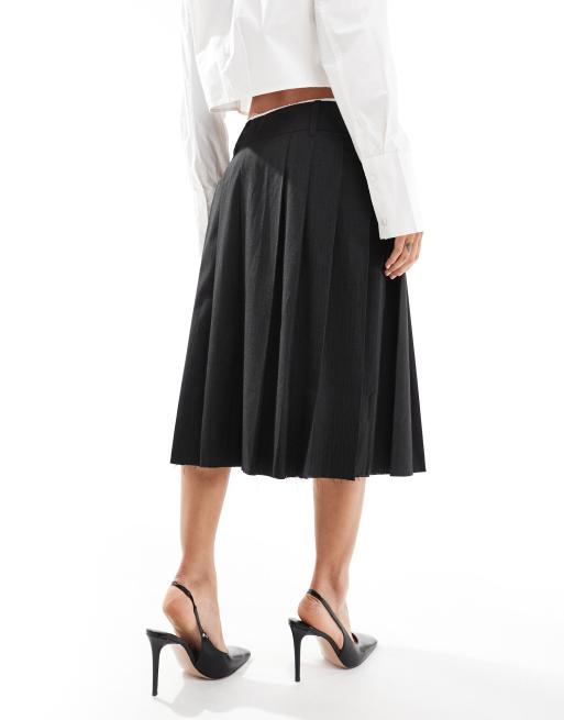 ASOS DESIGN raw edge pleated tailored midi skirt in charcoal stripe, 5 of 5