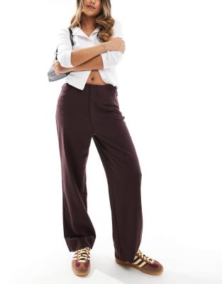 ASOS DESIGN raw edge relaxed tailored pants in burgundy-Black