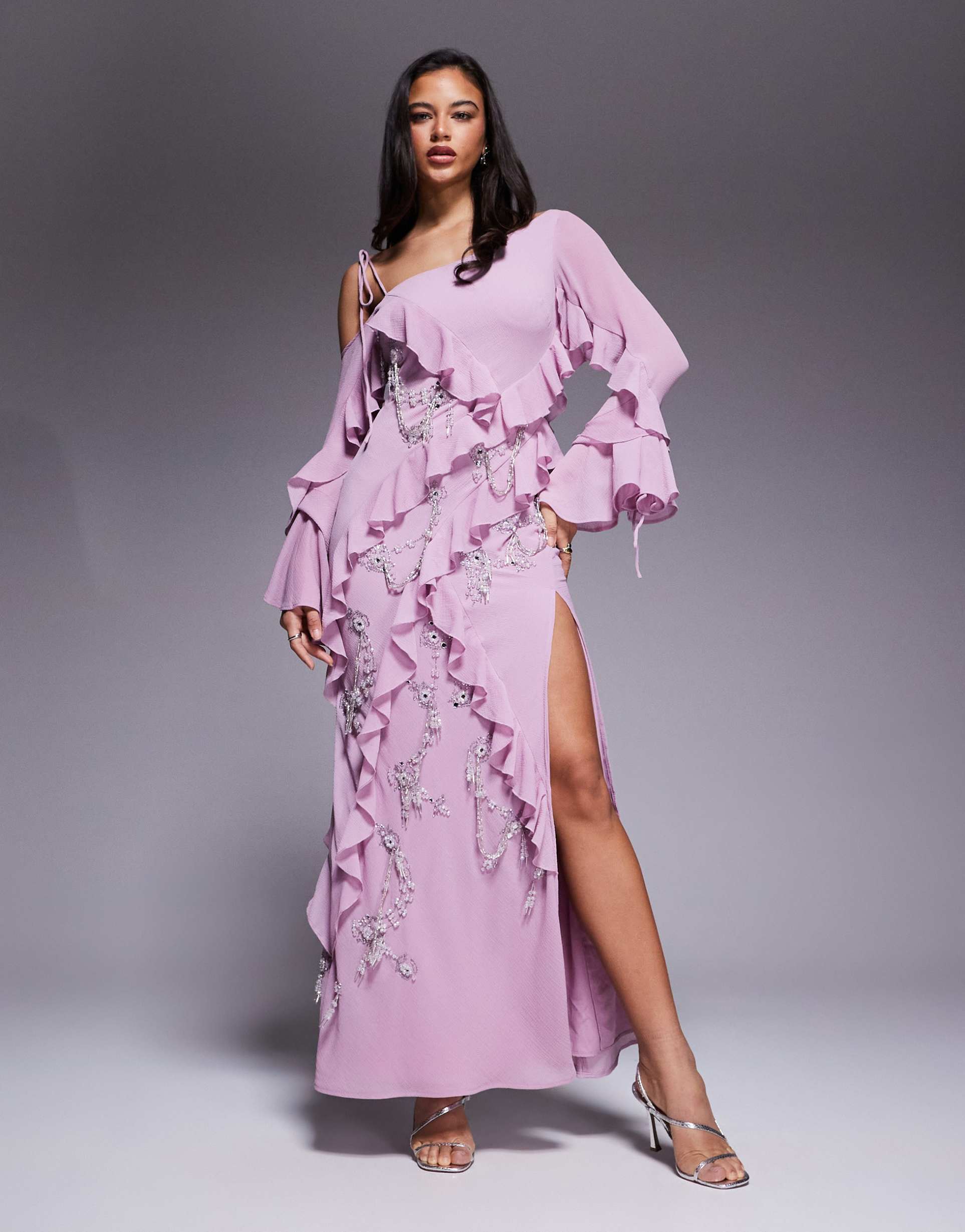 asos design raw edge ruffle embellished maxi dress with asymmetric sleeves in pink