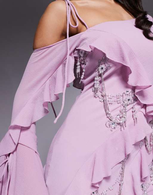ASOS DESIGN raw edge ruffle embellished maxi dress with asymmetric sleeves in pink, 2 of 4